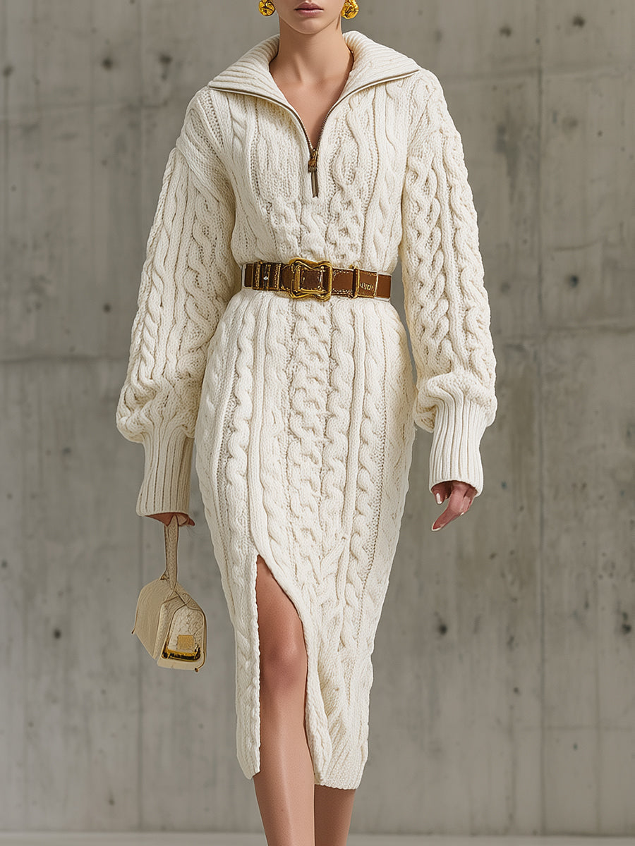 White Cable Zipper Sweater Slit Midi Dress