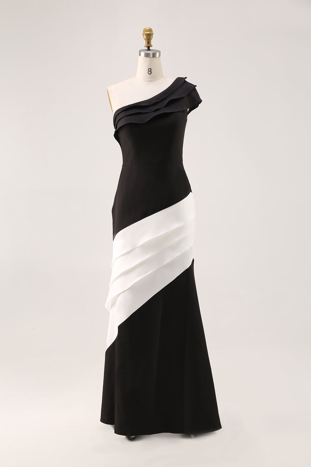 Formal Evening Gown One-Shoulder Black White Maxi Mermaid Dress