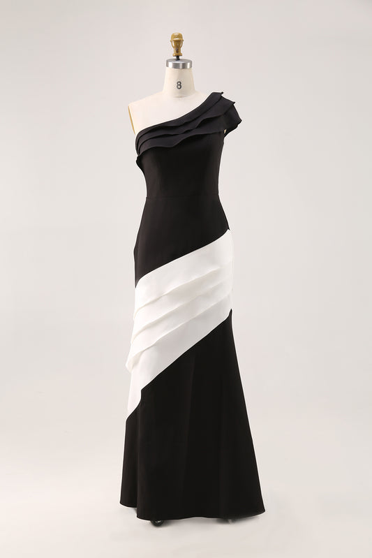 Formal Evening Gown One-Shoulder Black White Maxi Mermaid Dress