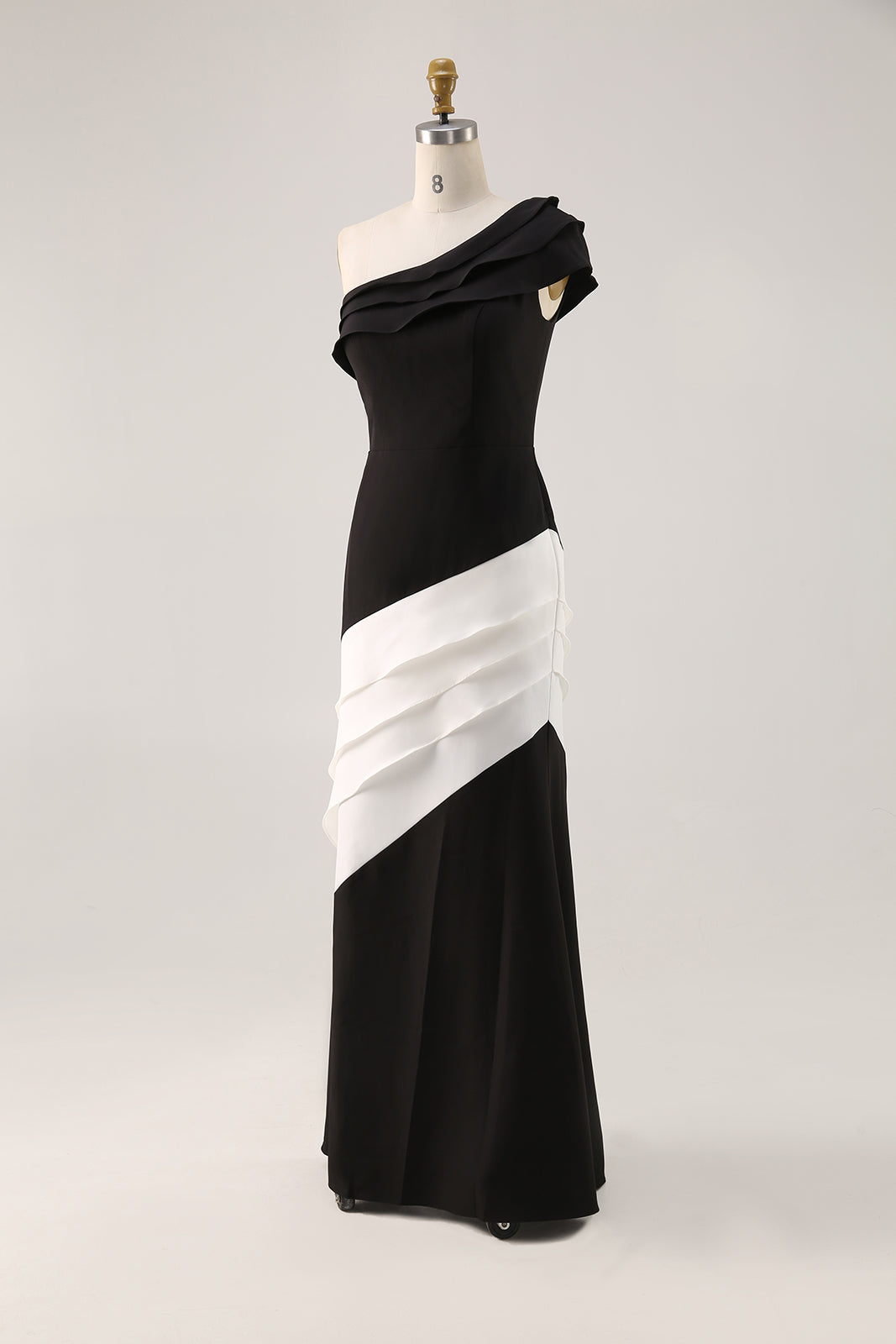 Formal Evening Gown One-Shoulder Black White Maxi Mermaid Dress