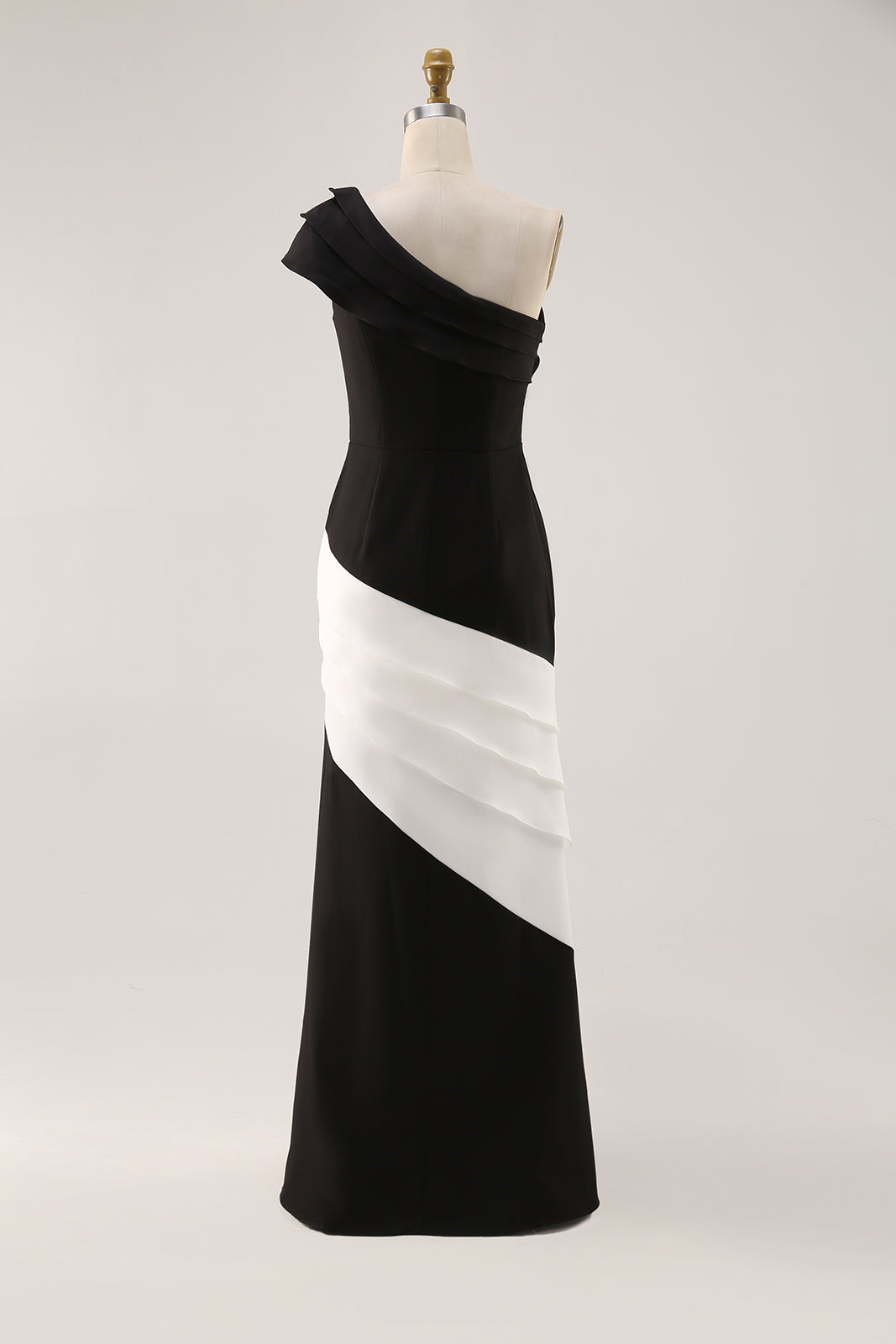 Formal Evening Gown One-Shoulder Black White Maxi Mermaid Dress
