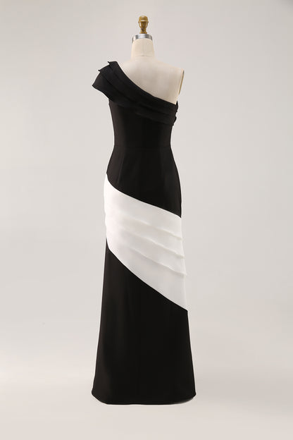 Formal Evening Gown One-Shoulder Black White Maxi Mermaid Dress