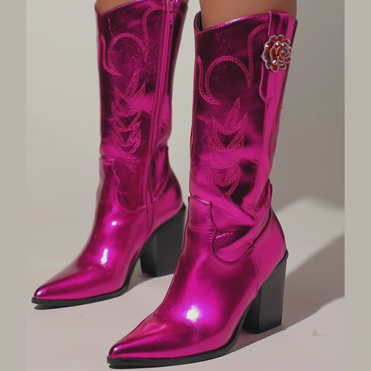 Fuchsia Metallic Finish Pointed Toe Heeled Cowgirl Boots with Flower
