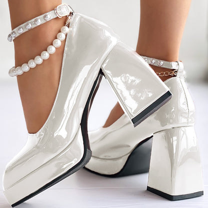 Full Color Patent Leather Platform Mary Janes Pearl Ankle Strap Chunky Heels