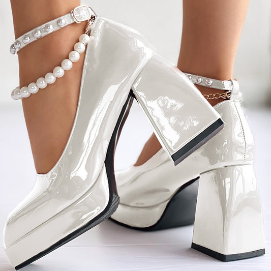 Full Color Patent Leather Platform Mary Janes Pearl Ankle Strap Chunky Heels