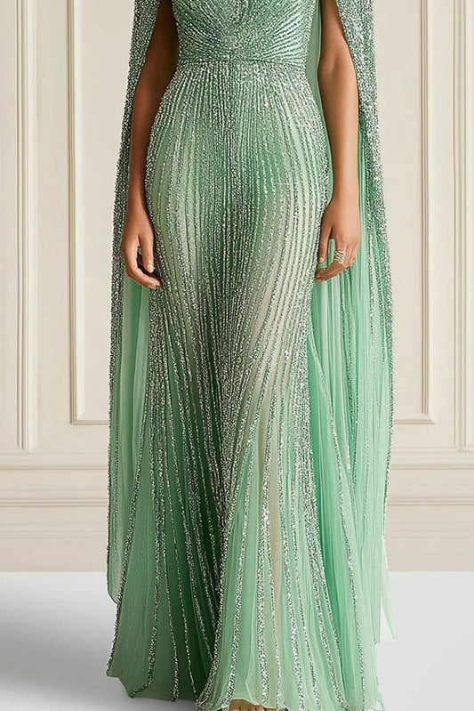Evening Formal Gown Tulle Foil Fabric Cape Boat Neck Maxi Dress