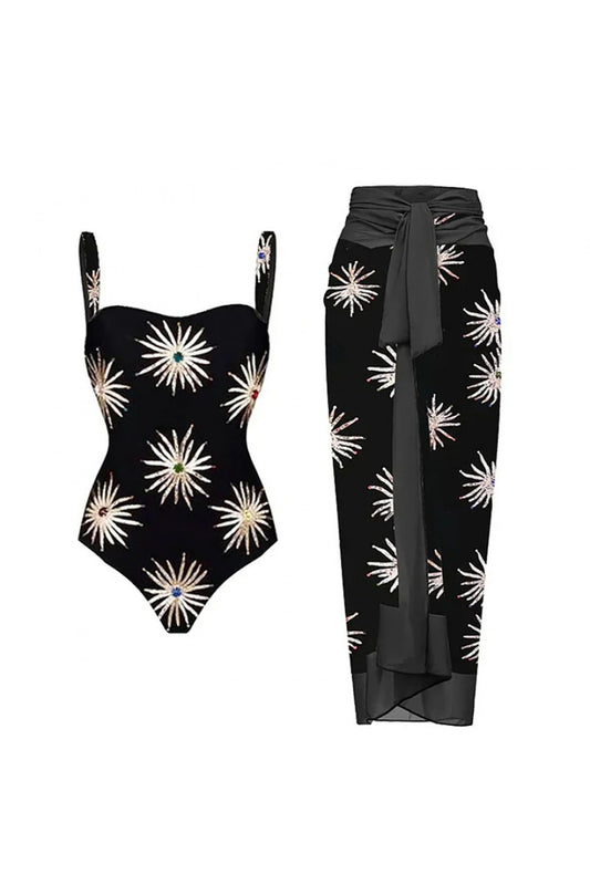 Firework Sequin Black One-Piece Swimsuit and Cover-Up