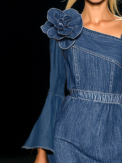 Elegant Slanted Neckline 3D Floral Blue Denim Long-sleeved Maxi Dress