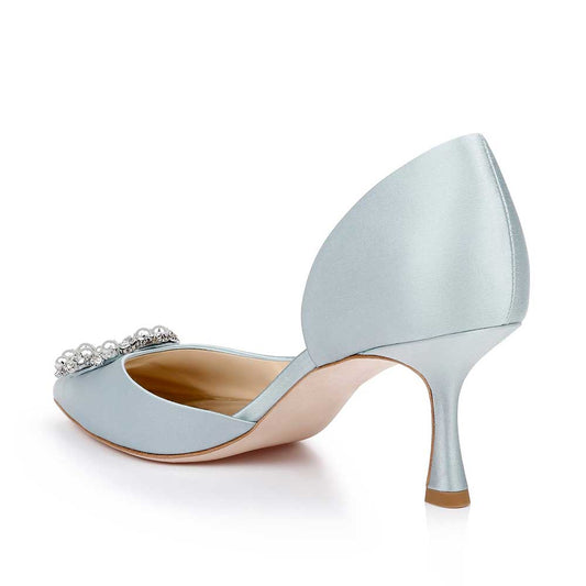 Elegant Light Blue Satin Pearl & Rhinestone Buckle Wedding Heels