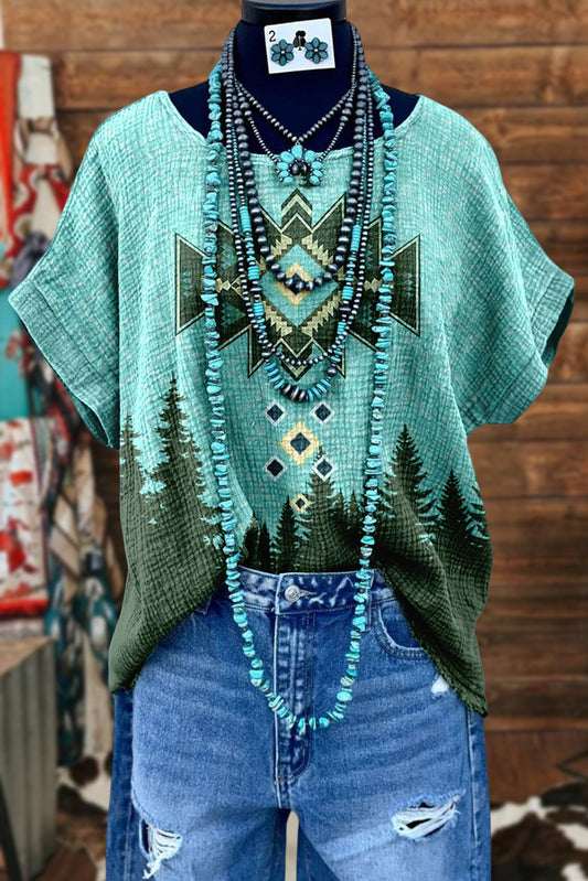 Vintage Aztec Print Distressed Bat Sleeve T-Shirt