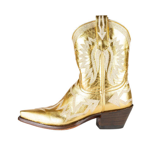 Gold  Metallic Snip Toe Embroidered Ankle Length Cowgirl Boots