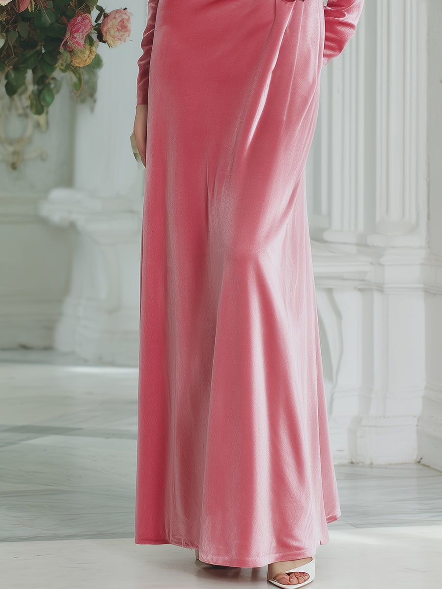 Elegant And Fashionable Evening Dress 3D Flower Pink Velvet Maxi Dress