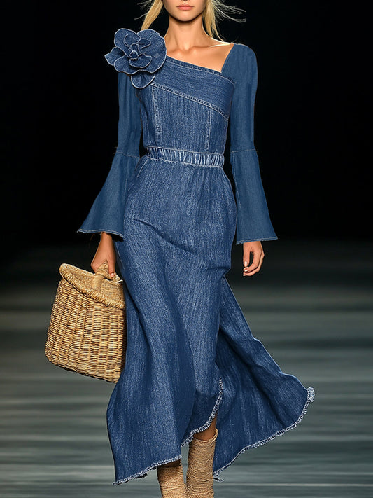 Elegant Slanted Neckline 3D Floral Blue Denim Long-sleeved Maxi Dress