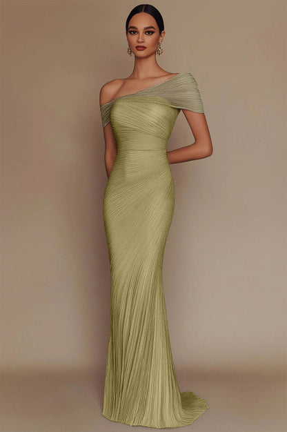 Evening Prom Light Blue Gown One Shoulder Glitter Pleated Maxi Dress
