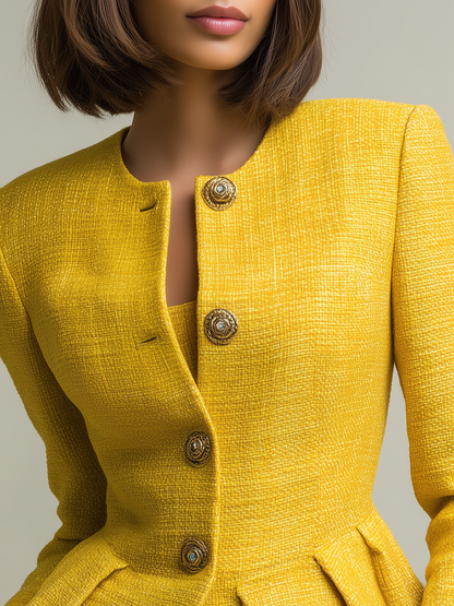 Elegant Round Neck Metal Button Peplum Hem Tweed Jacket