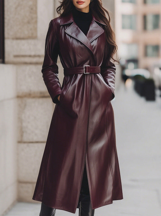 Faux Leather Trench Coat With Belt