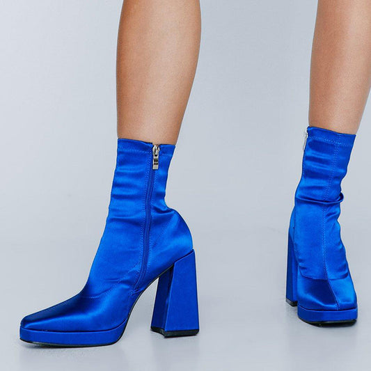 Elegant Blue Satin Square Toe Chunky Heel Sock Booties with Platform