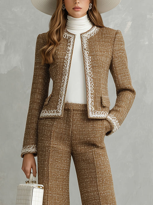 Elegant Textured Fabric Round Neck Jacket And Wide-leg Pants Set