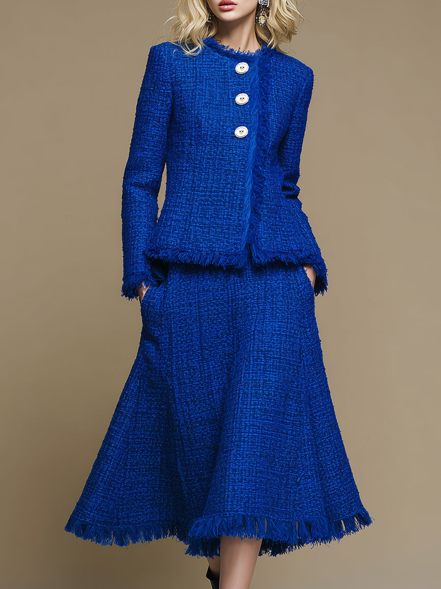 Elegant And Exquisite Oblique Collar Raw Edge Jacket Mid-length Skirt Royal Blue Tweed Set