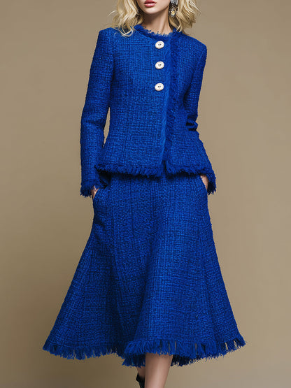 Elegant And Exquisite Oblique Collar Raw Edge Jacket Mid-length Skirt Royal Blue Tweed Set