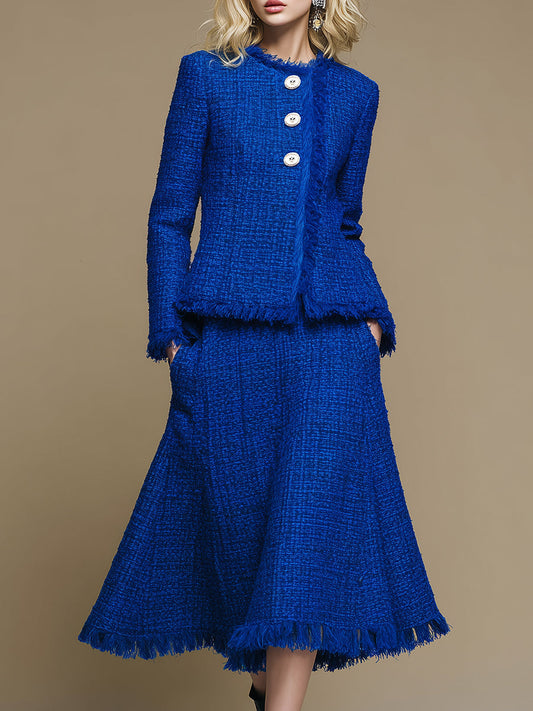 Elegant And Exquisite Oblique Collar Raw Edge Jacket Mid-length Skirt Royal Blue Tweed Set