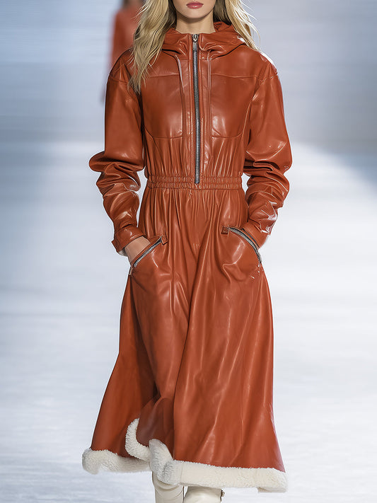 Fashionable Warm Orange Brown Faux Leather Plush Trim Maxi Dress
