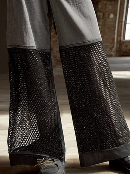 Fashionable Street Gray Denim And Mesh Straight Jeans