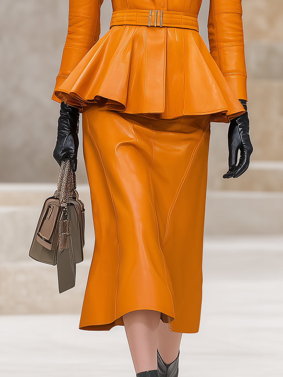 Fashionable And Exquisite Round Neck Ruffled Jacket And Skirt Orange Faux Leather Suit