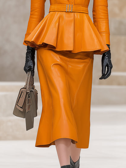 Fashionable And Exquisite Round Neck Ruffled Jacket And Skirt Orange Faux Leather Suit