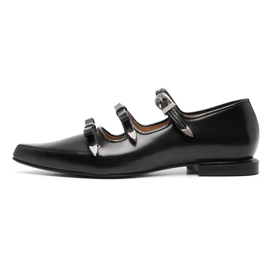 Faux Leather Pointed Toe Buckle Black Flat Shoes for Women