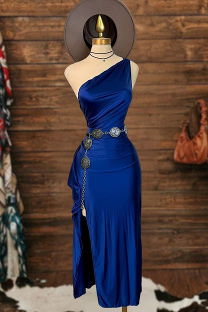 One Shoulder Slit Ruffled Maxi Dress