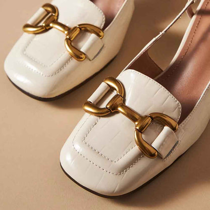 Beige Patent Leather Square Toe Chunky Heel Slingback Pumps