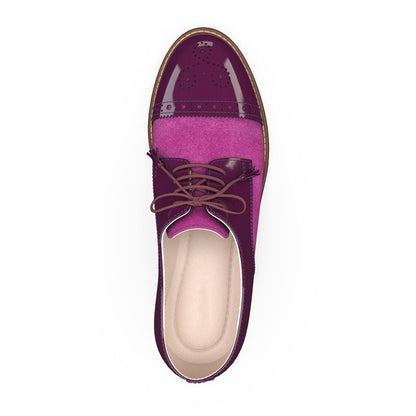 Fuchsia Round Toe Block Heel Splicing Cutout Lace-Up Oxford Shoes