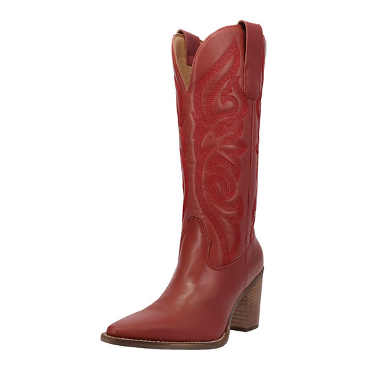 Embroidered Block Heel Mid-Calf Snip Toe Red Cowgirl Boots