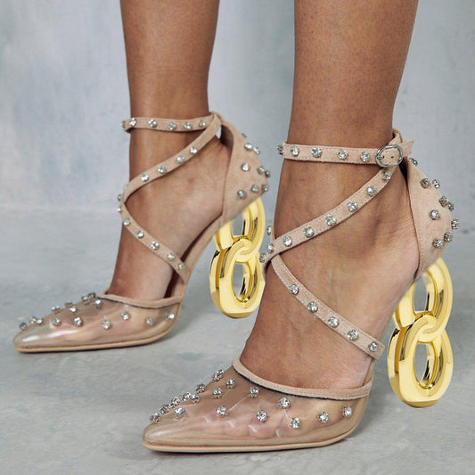 Beige Mesh Closed Toe 4'' Decorative Heel Rhinestone Strappy Pumps