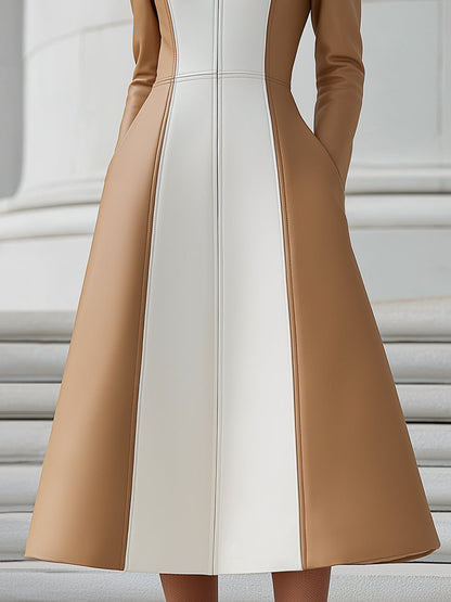 Faux Leather Colorblock Long-Sleeve Midi Dress