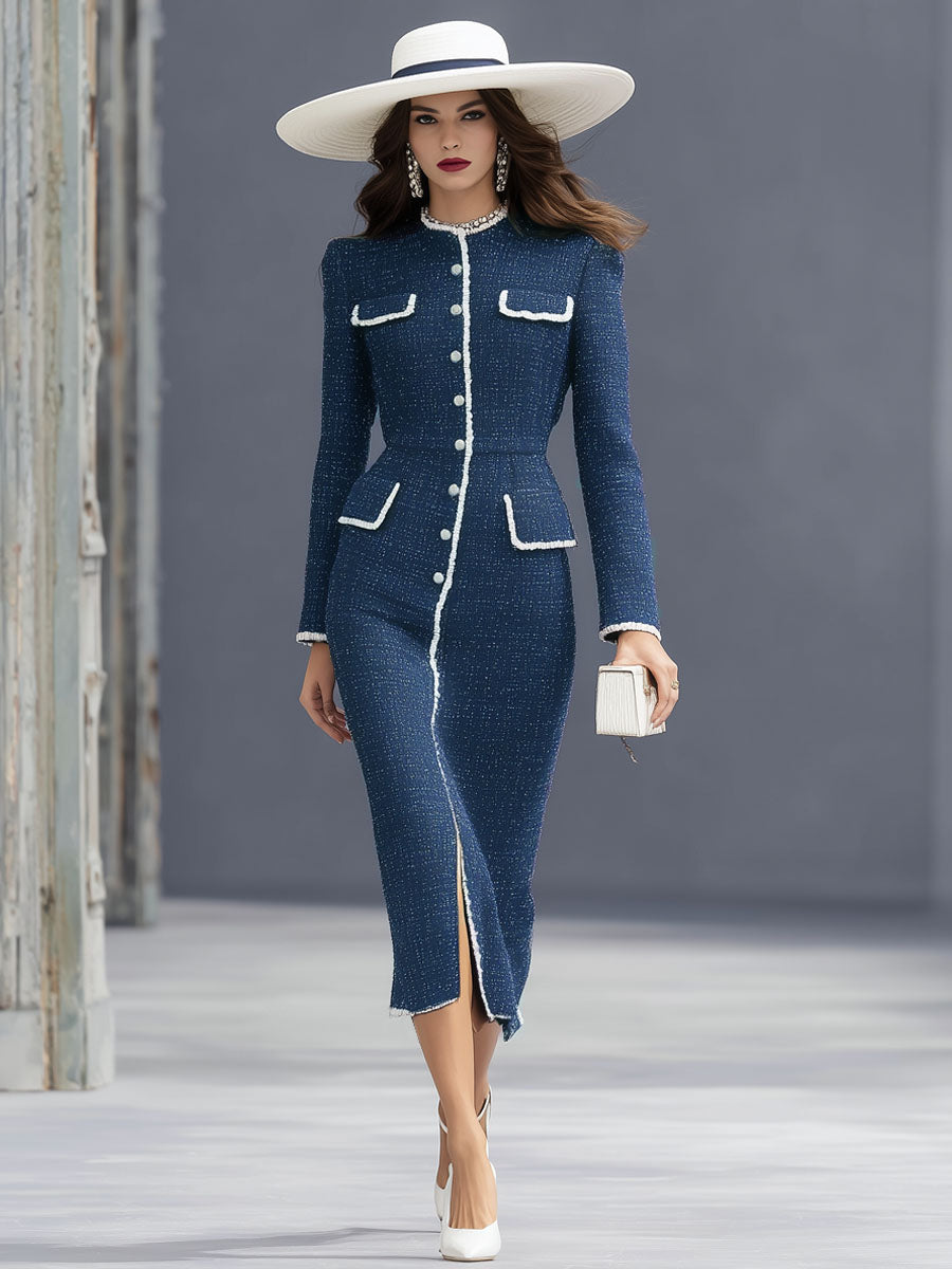Elegant Textured Fabric Multi-pocket Round Neck Long-sleeved Midi Dress