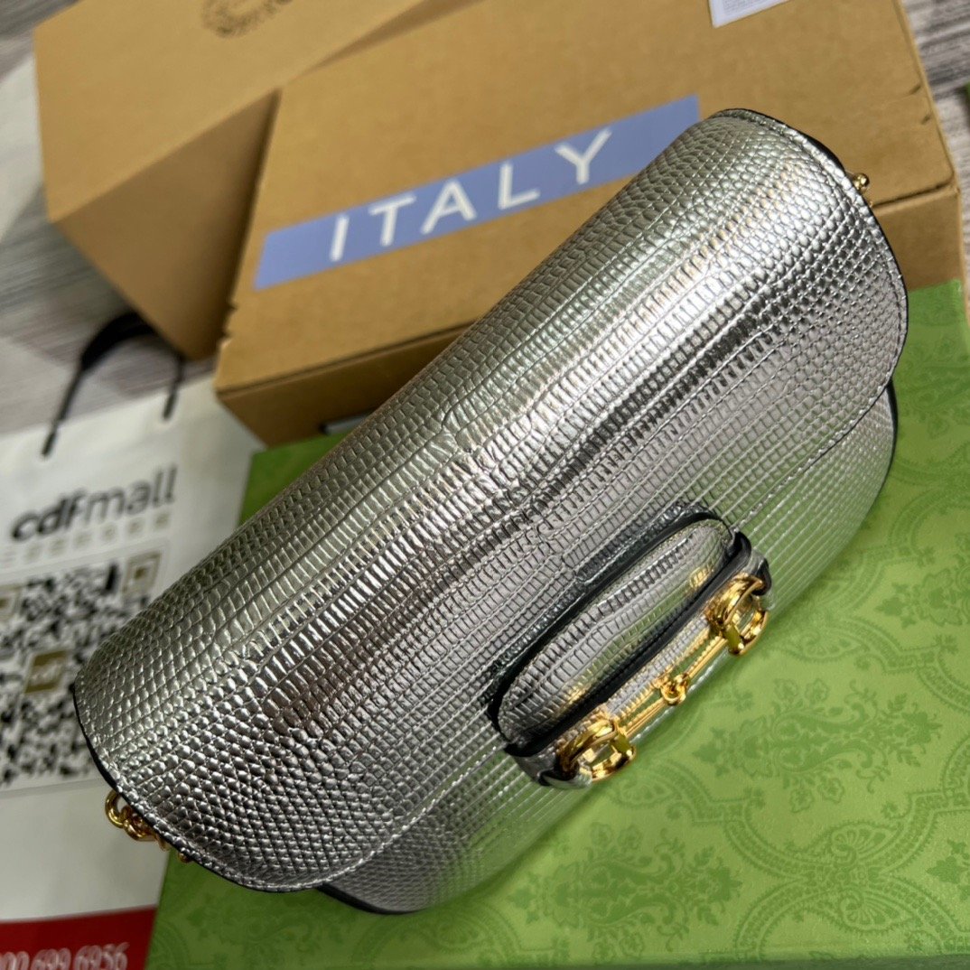 gg Horsebit 1955 Lizard Mini Bag Silver For Women, Women&#8217;s Bags 8in/20cm gg‎