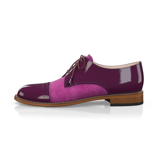 Fuchsia Round Toe Block Heel Splicing Cutout Lace-Up Oxford Shoes