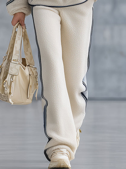 Fashion Retro Blue Trim Beige Polar Fleece Zipper Sweatshirt Pants Set