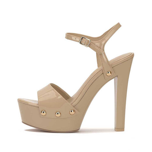 Beige Pointed Toe Chunky Heel Studded Ankle Strap Platform Sandals