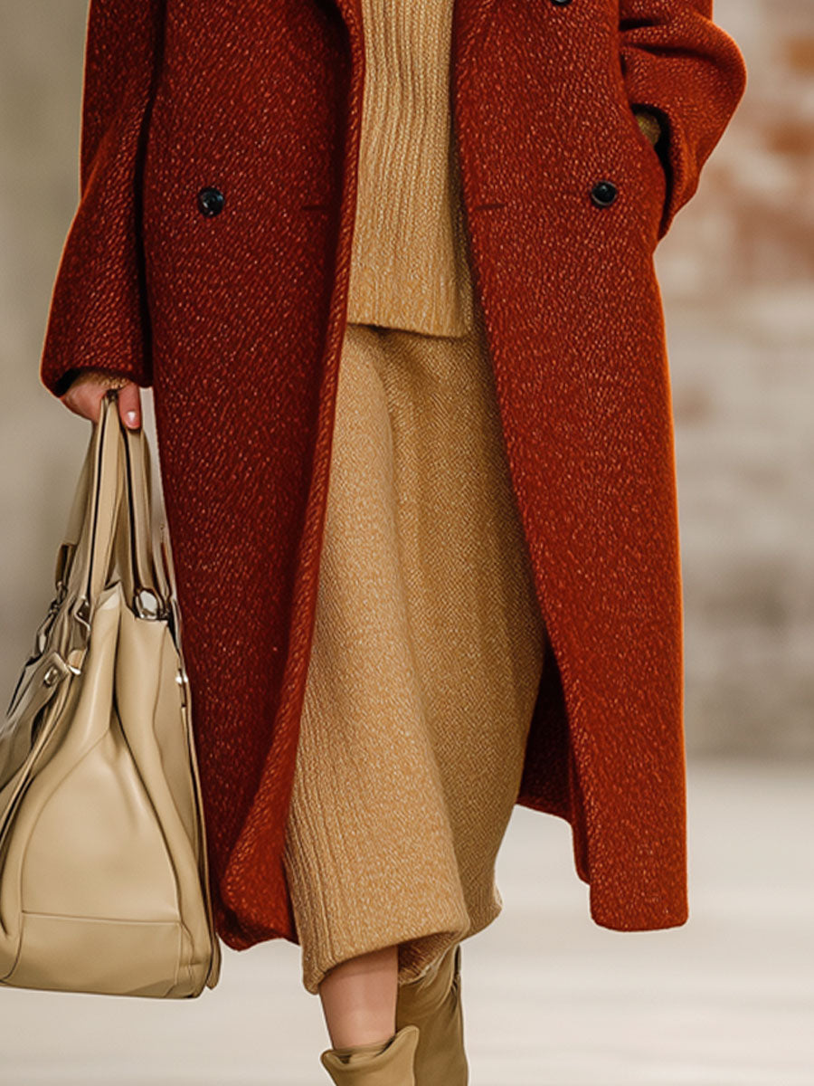 Fashionable Loose Retro Brick Red Woolen Long Coat