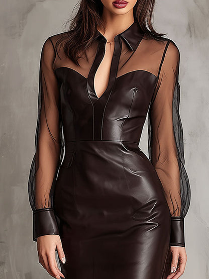 Elegant Sheer Mesh Sleeve Eco Leather Midi Dress