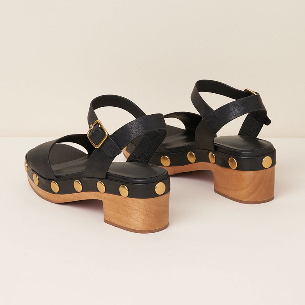 Ankle Strap Block Heel Studded Black Platform Sandals for Women