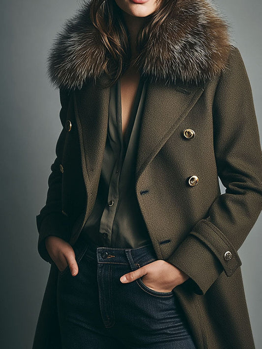 Detachable Fur Collar Double-Breasted Olive Wool Blend Coat