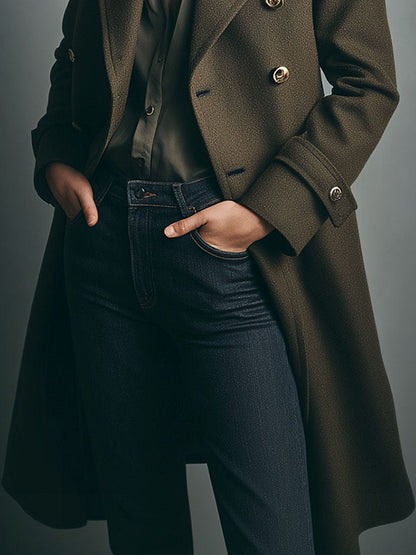 Detachable Fur Collar Double-Breasted Olive Wool Blend Coat