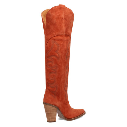 Faux Suede Pointed Toe Chunky Heel Orange Western Boots for Women