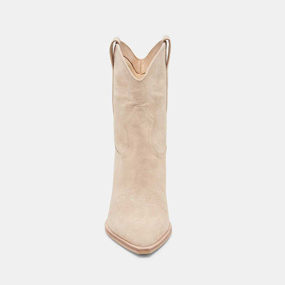 Beige Pointed Toe Kitten Heel Pull Tab Ankle Boots with Stitching