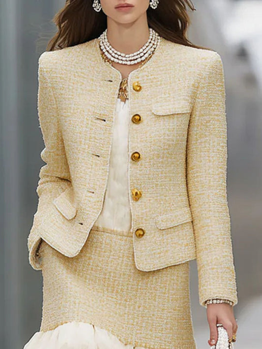 Elegant Textured Fabric Patchwork Organza Jacket And Skirt Set