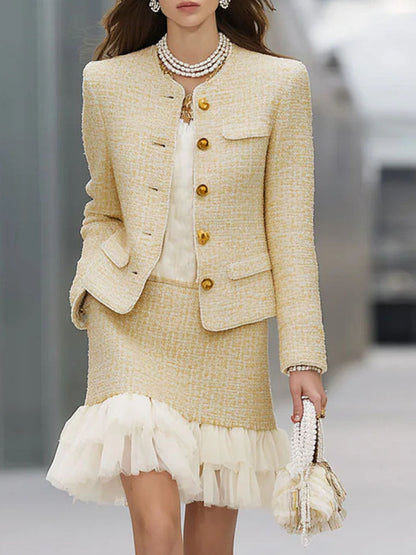 Elegant Textured Fabric Patchwork Organza Jacket And Skirt Set